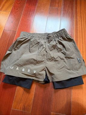 ASRV olive green running shorts with black inner liner